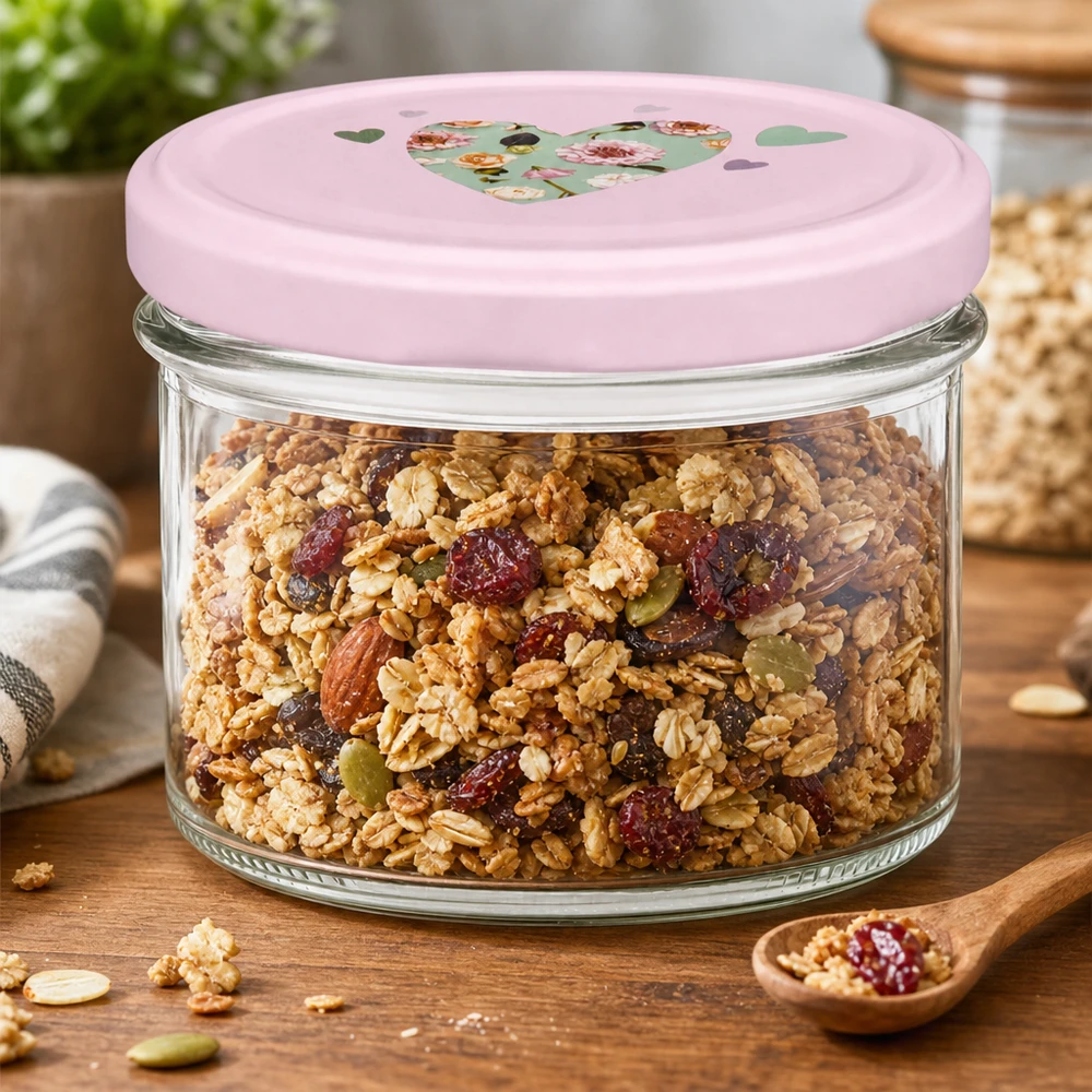 225ml kelímky + víčko BasicSeal srdíčko růžové UNiTWIST 225ml Einmachglas mit rosa Herz-Deckel gefüllt mit Müsli und Nüssen als Vorratsglas auf Holztisch