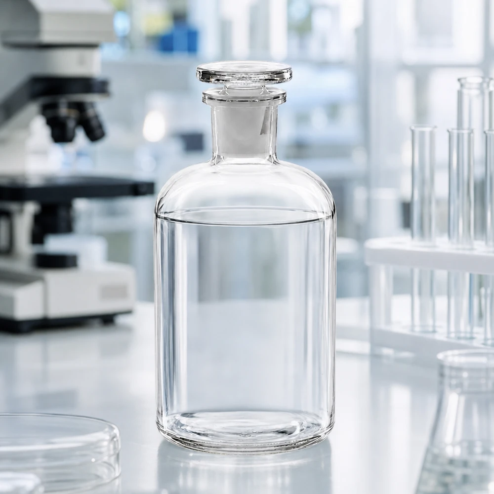 Láhev s kulatým ramenem 500ml čirá skleněná zátka s úzkým hrdlem Klare Enghals-Glasflasche 500ml mit flachem Stopfen für Reagenzien und Laborflüssigkeiten