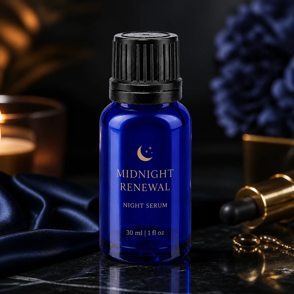 Lékárenská láhev modrá 10ml šroubovací uzávěr černý nalévací kroužek nedotknutelný uzávěr. Hochwertige kobaltblaue 10ml Glasflasche mit schwarzem Schraubverschluss für Nachtpflege
