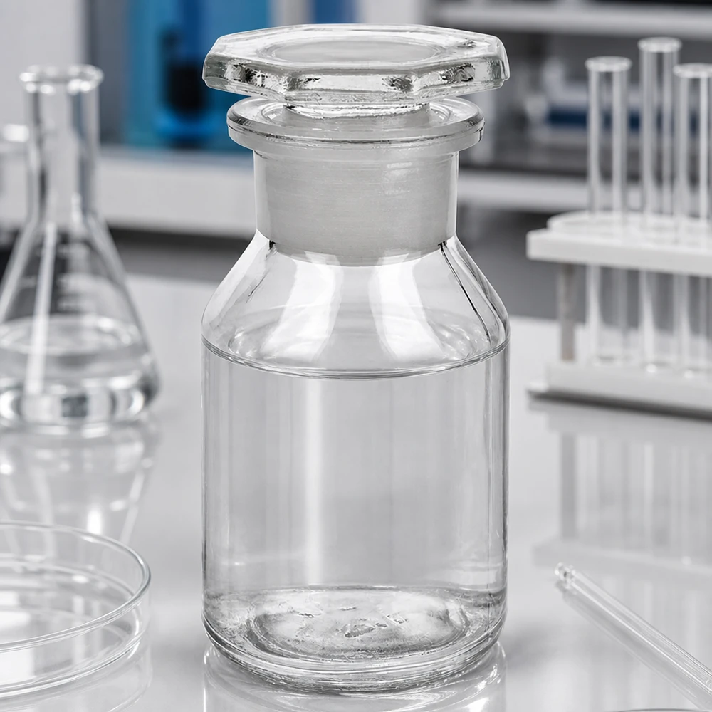 Lahvička se strmým hrdlem 50 ml čirá skleněná zátka se širokým hrdlem Steilbrustflasche 50ml mit Weithals aus Klarglas und passendem Glasstopfen für Chemikalien