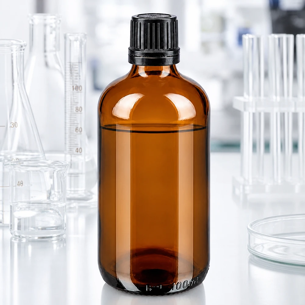 Professionelle 100ml Braunglasreagenzflasche mit schwarzem Originalitätsverschluss im Laborumfeld