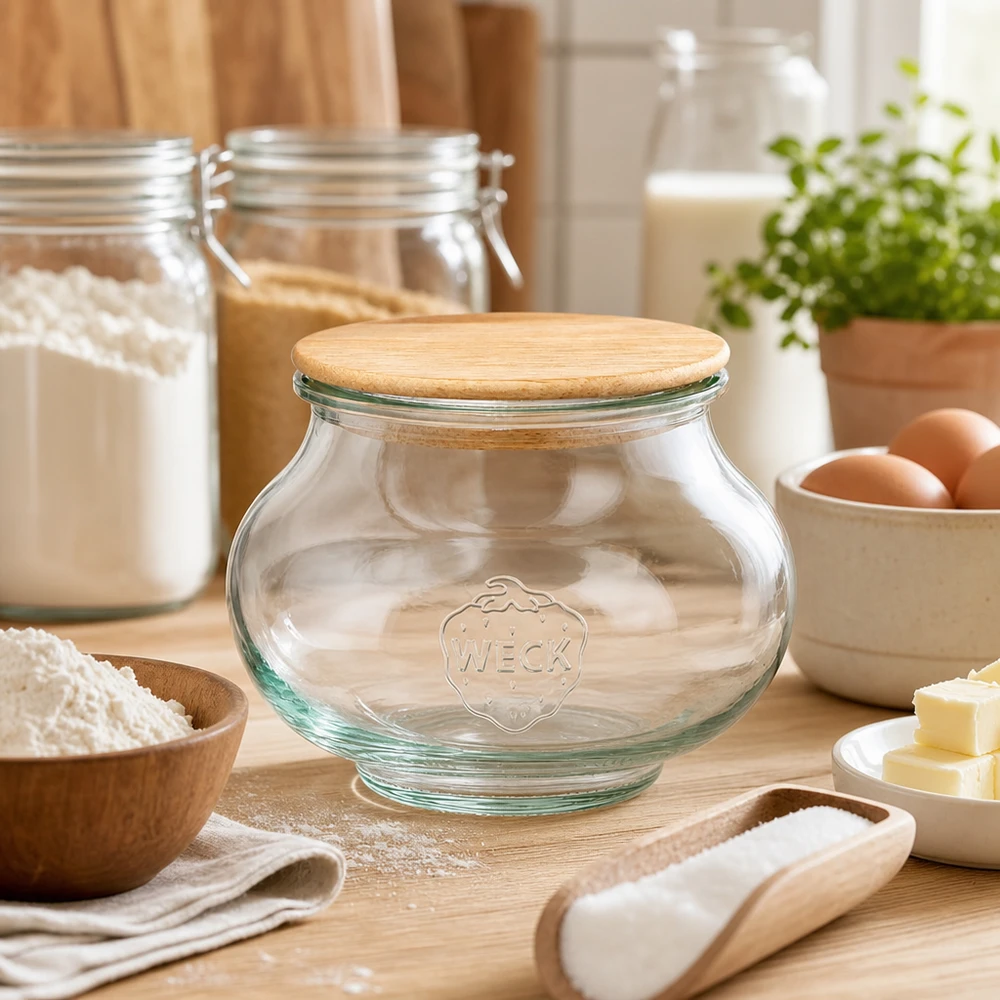 560ml dóza na šperky WECK RR80 s dřevěným víčkem WECK Schmuckglas 560ml RR80 mit Holzdeckel Eiche zwischen Backzutaten Mehl Eiern Butter auf Holzbrett Küche