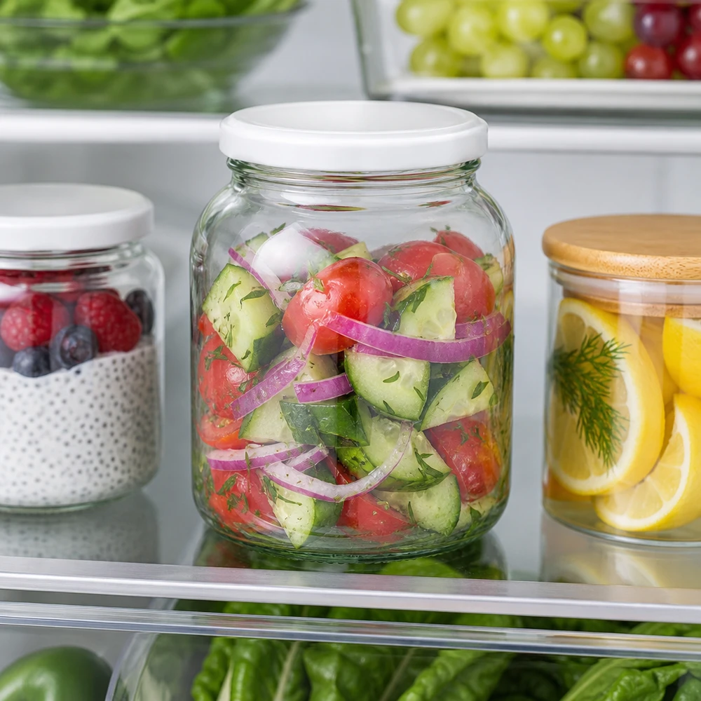 370ml Ovalglas UNiTWIST mit weißem BasicSeal Deckel im Kühlschrank befüllt mit frischem Gemüsesalat Vorratshaltung
