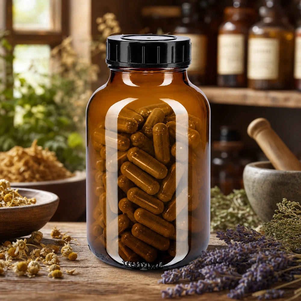 1000ml láhev se širokým hrdlem jantarové sklo se šroubovacím uzávěrem. Braunglas Vorratsdose 1000ml mit Schraubdeckel ideal für Kräuter und Supplement Kapseln