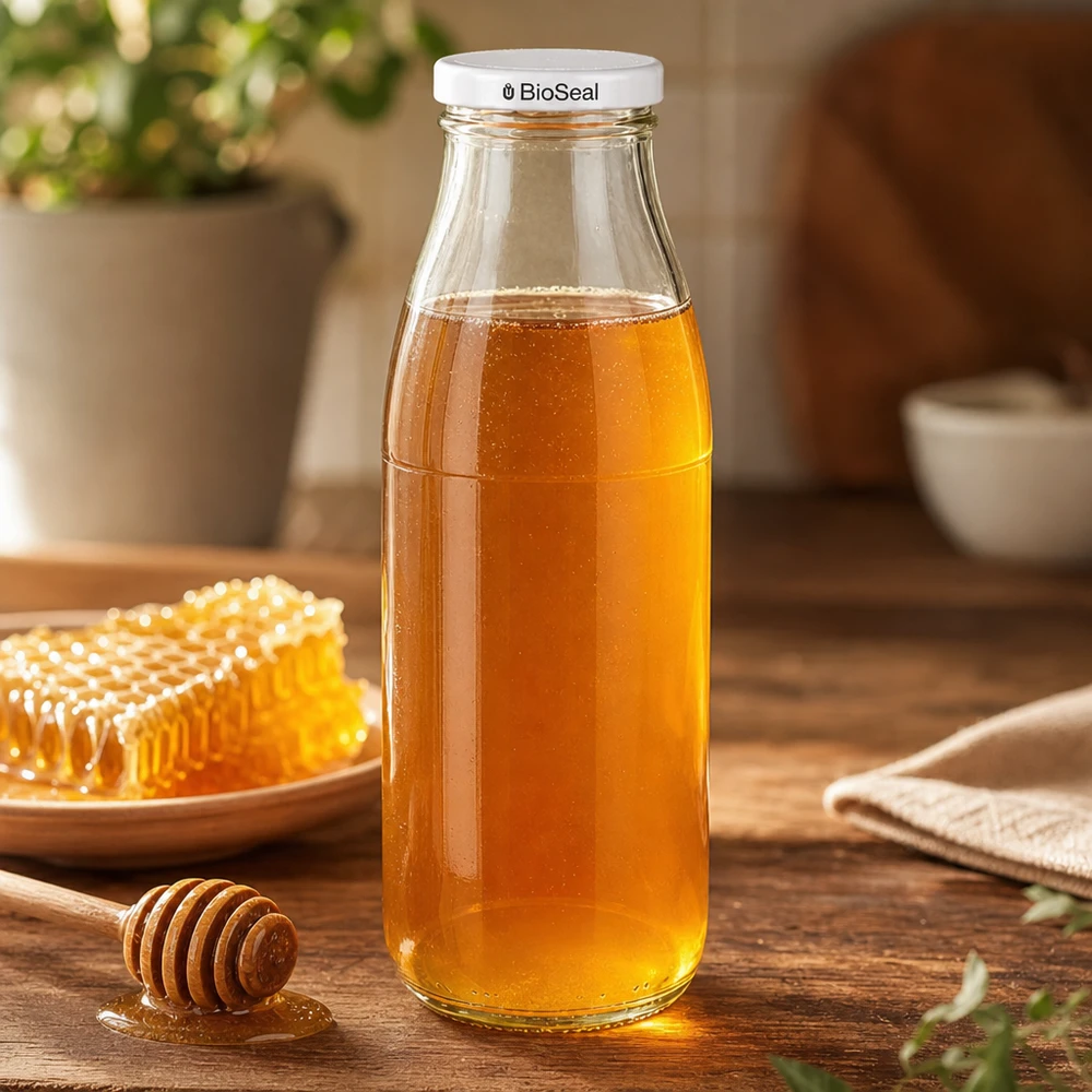 500ml skleněná láhev + víčko BioSeal bílé UNiTWIST 500ml Glasflasche mit Honig befüllt, weißer BioSeal Deckel, neben Bienenwabe und Honiglöffel auf Holztisch