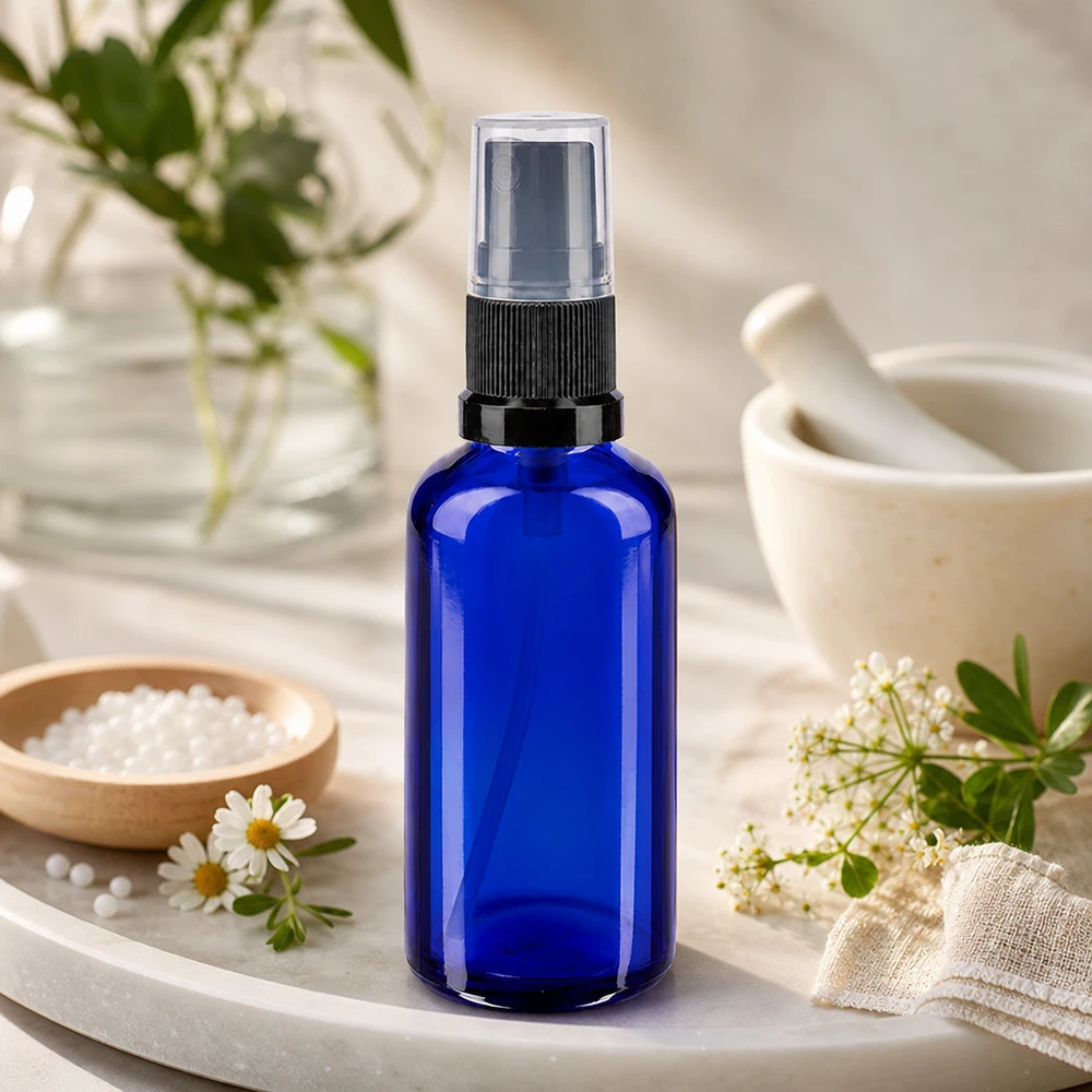 Kleine blaue Apotheker Sprühflasche 50ml mit Kräuterdeko für Naturheilkunde