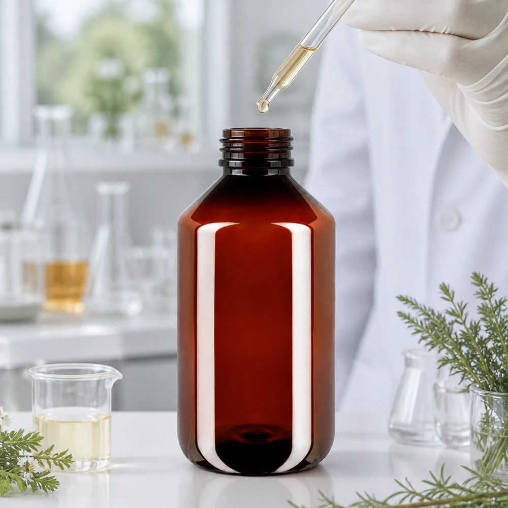 Hnědá PET láhev o objemu 500 ml s kapací pipetou v moderní laboratoři pro přírodní extrakty