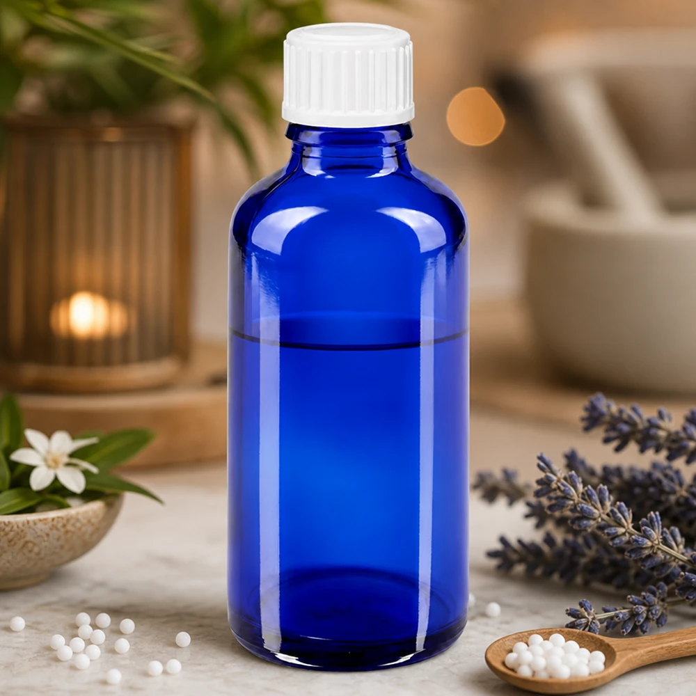 Zylindrische 50ml Apothekerflasche in Kobaltblau mit gerilltem Weißverschluss für Naturheilkunde