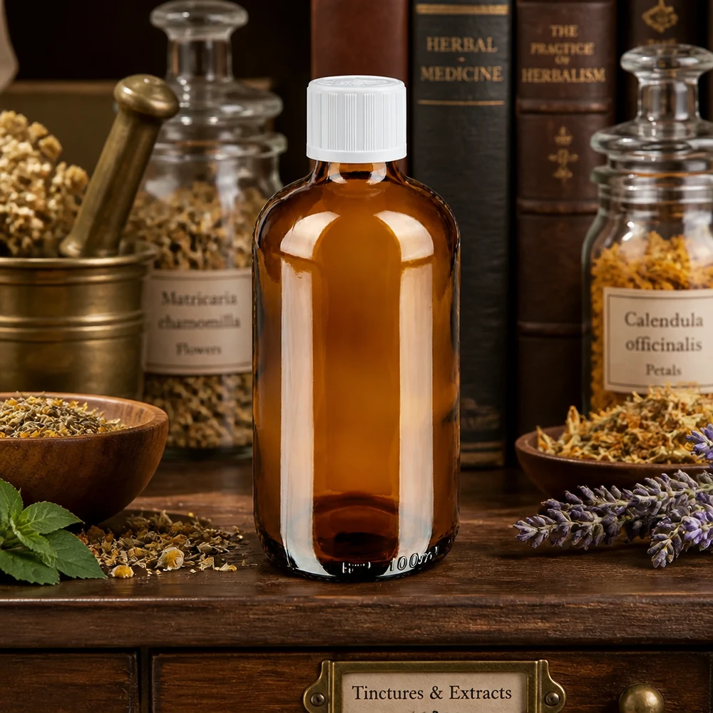 Lékárenská láhev hnědá 100ml kapací uzávěr bílý standardní uzávěr odolný proti otevření dětmi. 100ml Tinkturenflasche aus Braunglas mit weißem KiSi Verschluss neben Lavendel und Mörser