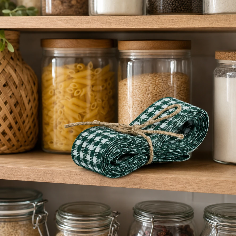 Grün-weißes Stoffband 300cm auf Küchenregal zwischen Vorratsgläsern mit Pasta und Reis als Pantry-Dekoration