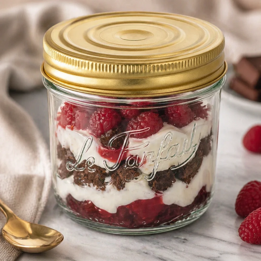415ml Sturzglas "Familia Wiss" 2-teiliges Deckelsystem Le Pa Sturzglas 415ml Familia Wiss mit goldenem Deckel gefüllt mit Schichtdessert aus Himbeeren und Creme auf Marmor