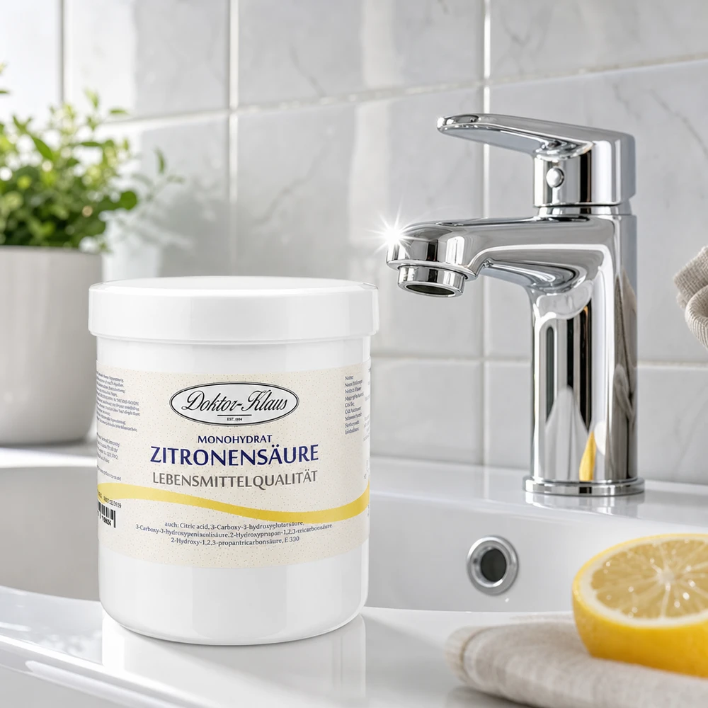 Doktor-Klaus Zitronensäure 500g in weißer Kunststoffverpackung neben Armatur für Kalkentfernung