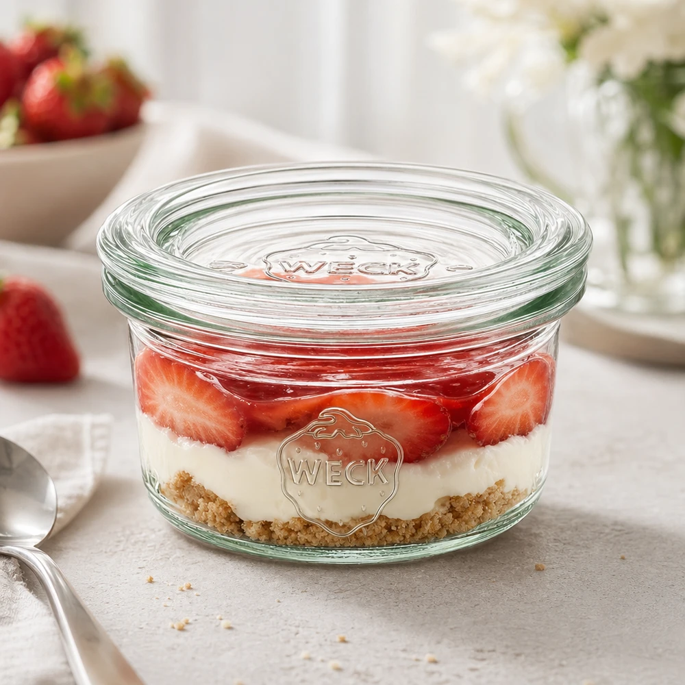 Skleněné 50ml sklenice s víčkem WECK RR60. WECK Sturzglas 50ml RR60 mit Schichtdessert aus Erdbeeren und Creme als elegante Portionierung auf weißer Arbeitsplatte