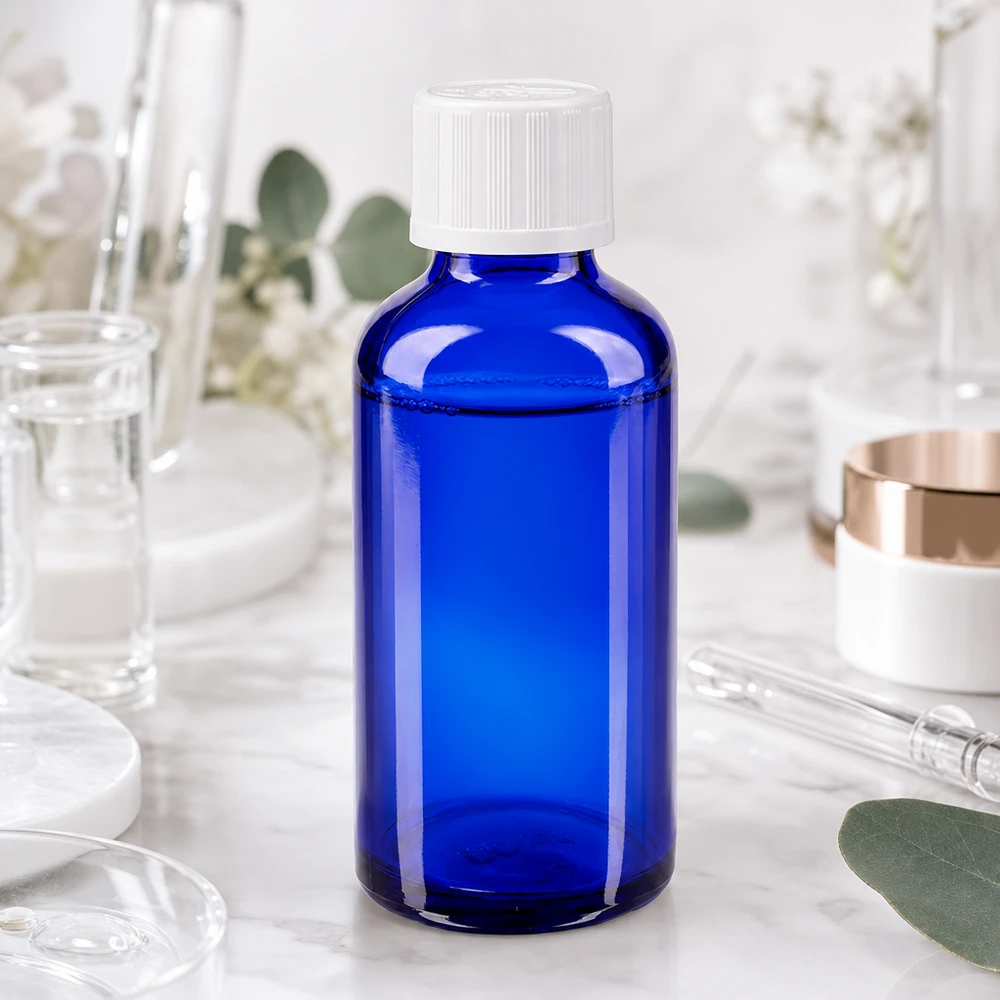 Lékárenská láhev modrá 50ml šroubovací uzávěr bílý standardní odolný proti otevření dětmi. Medizinische Glasflasche 50ml in Blau mit weißem KiSi-Verschluss und Eukalyptusblättern