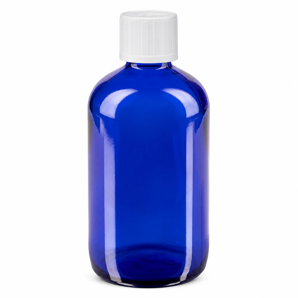 Blaue Apothekerflasche Glas 100ml runde Form mit kindersicherem weißen Schraubverschluss STD