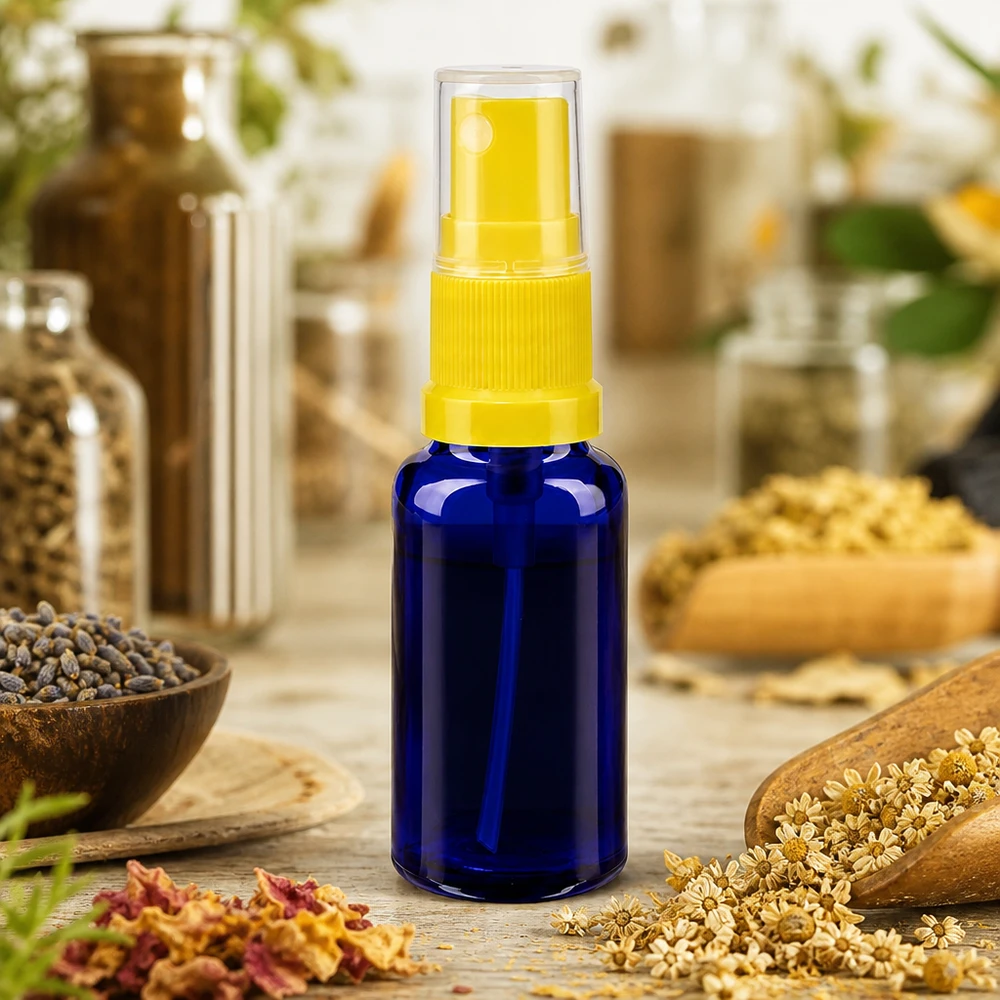 Handliche Sprühflasche blau 20ml mit gelbem Aufsatz neben Lavendel und Kamillenblüten