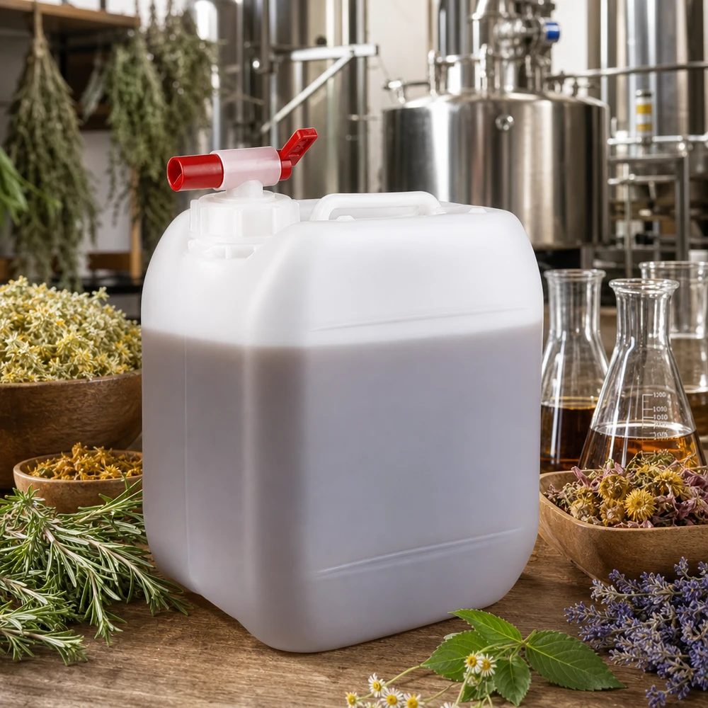 Kanystr o objemu 5 litrů s vypouštěcím kohoutkem Quadratischer 5 Liter Weißkanister mit Füllstandsmarkierung und rotem Auslaufhahn