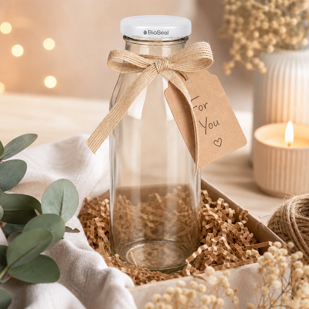 Láhev o objemu 263 ml s víčkem BioSeal bílá UNiTWIST UNiTWIST Bottle263 Glasflasche mit weißem TO43 BioSeal Deckel als Geschenk dekoriert mit Schleife und Anhänger