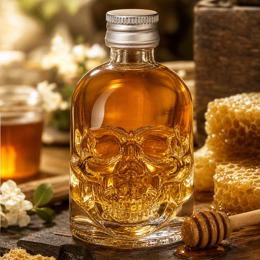 50ml Totenkopf-Glasflasche Hector mit Honig befüllt neben Bienenwabe und Honiglöffel in rustikaler Küche