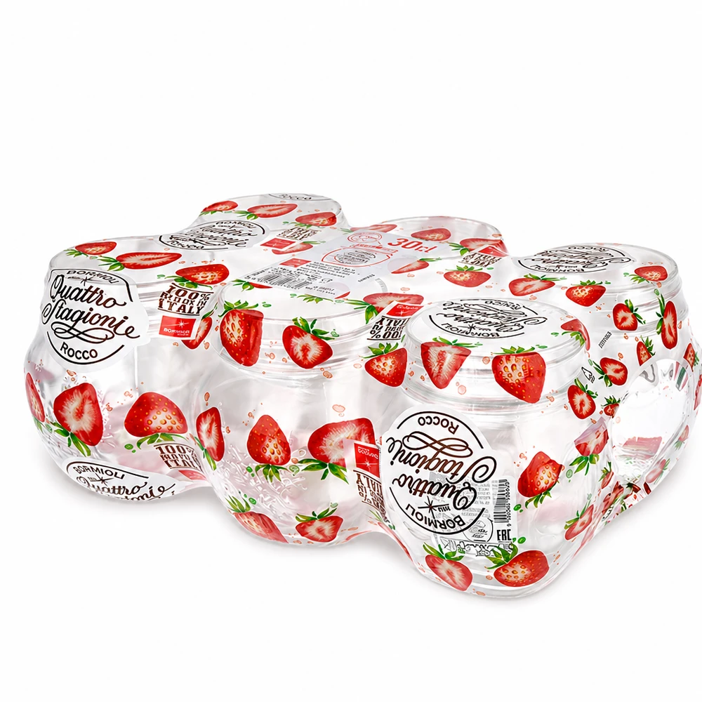Quattro Stagioni Haushaltsgläser 300ml mit Erdbeermotiv 6er Set Einmachgläser für Küche und Vorratshaltung
