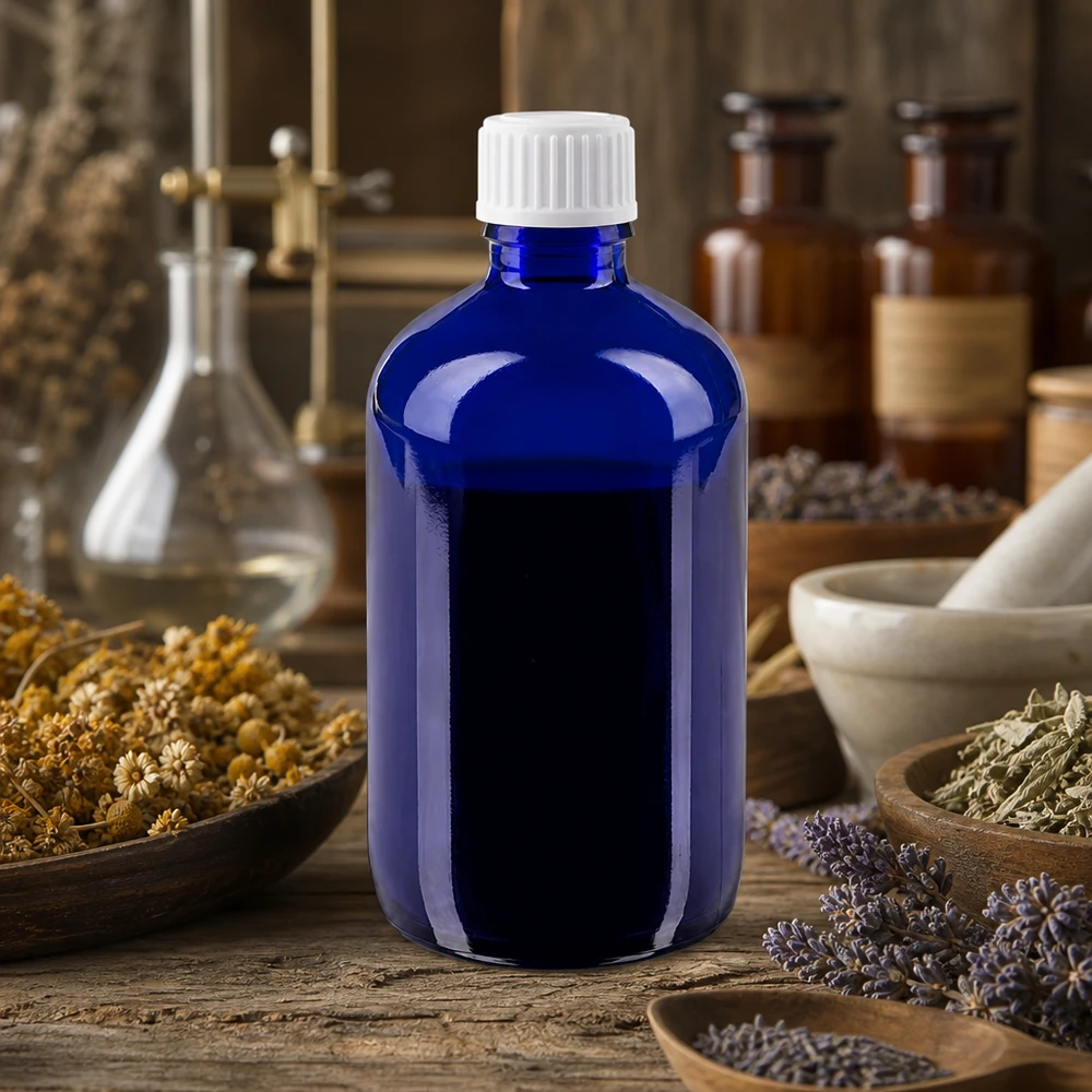 Lichtschutzflasche aus blauem Apothekerglas 100ml mit STD Weißdeckel für Heilpflanzenöle