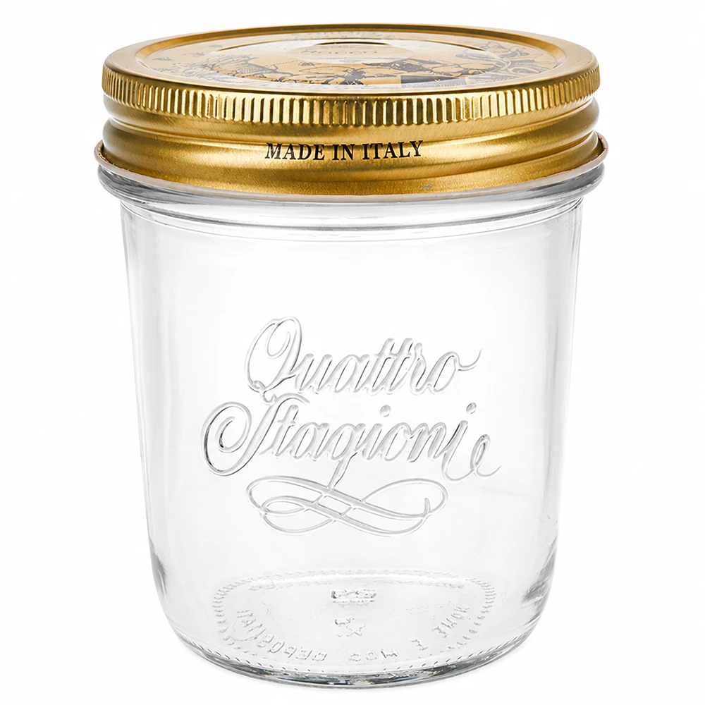 Tumbler o objemu 320 ml "Quattro Stagioni" s víčkem 320ml Quattro Stagioni Sturzglas mit goldenem Deckel Made in Italy Einmachglas für Marmelade und Konserven