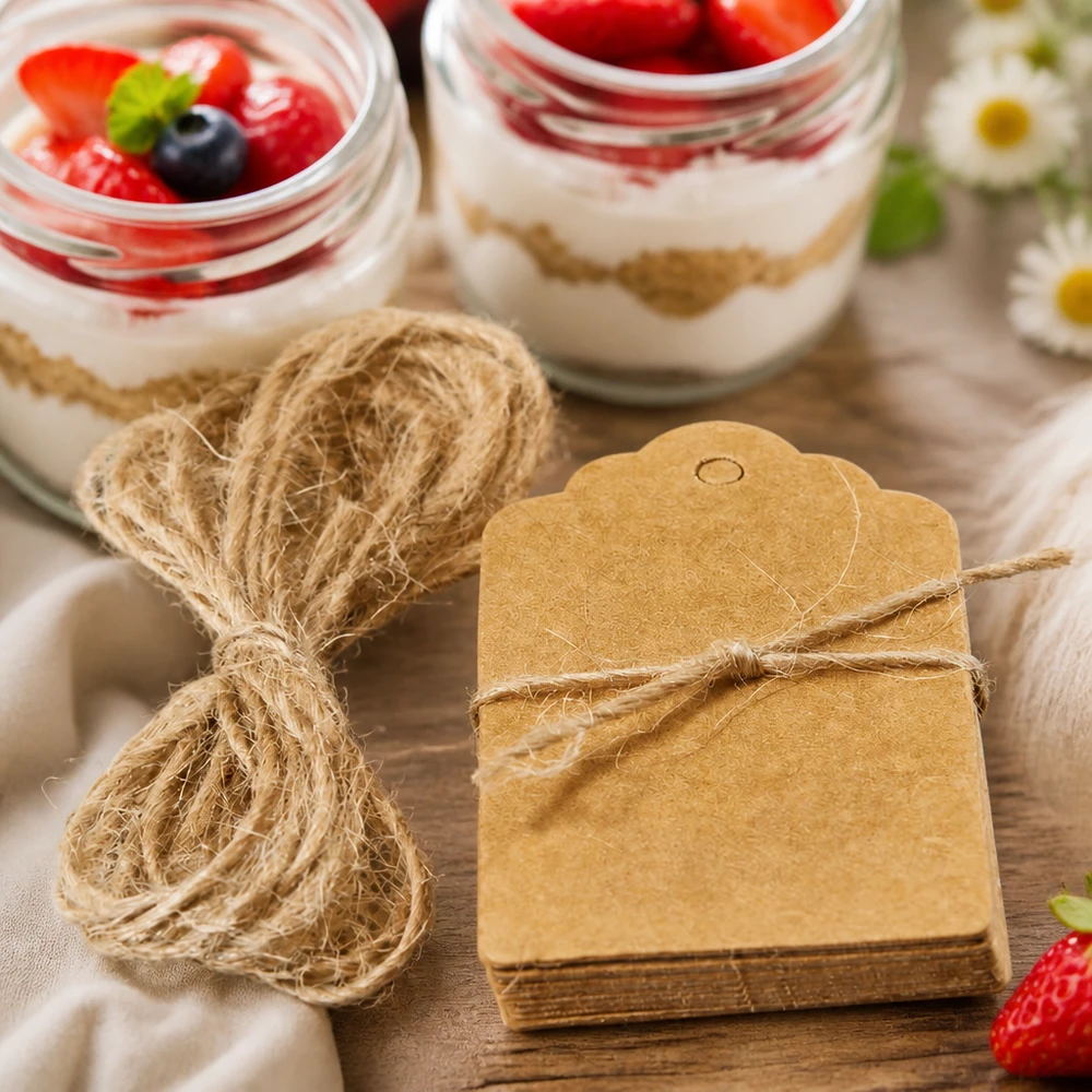 Braune Kraftpapier-Anhänger mit Kordel als Geschenkdekoration neben Dessertgläsern mit Beeren auf Holztisch