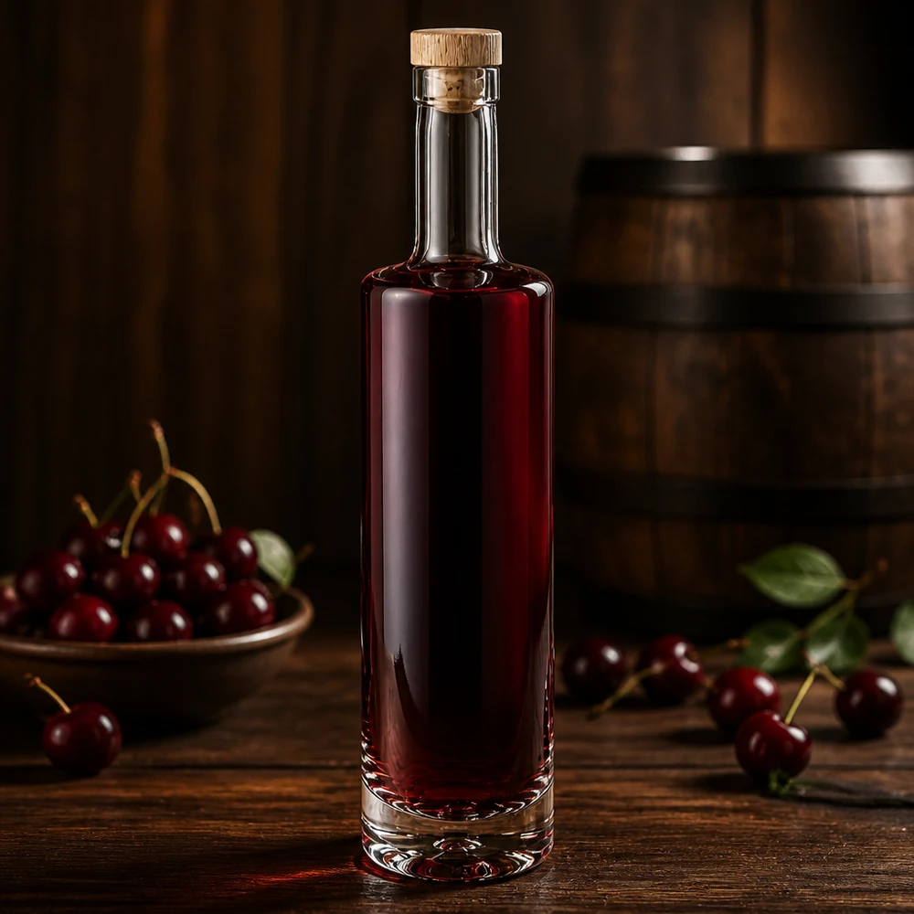 500ml Glasflasche Lina mit Holzkorken gefüllt mit Kirschlikör zwischen frischen Kirschen rustikale Holztisch Dekoration