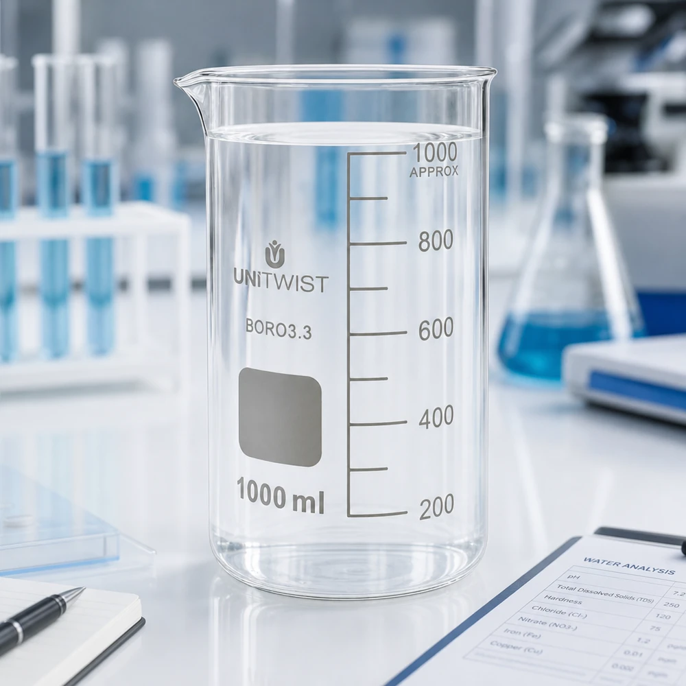 Kádinka 1000 ml borosilikátová, vysoká forma UNiTWIST Becherglas hohe Form 1000ml UNITWIST Borosilikat neben Erlenmeyerkolben und Laborwaage