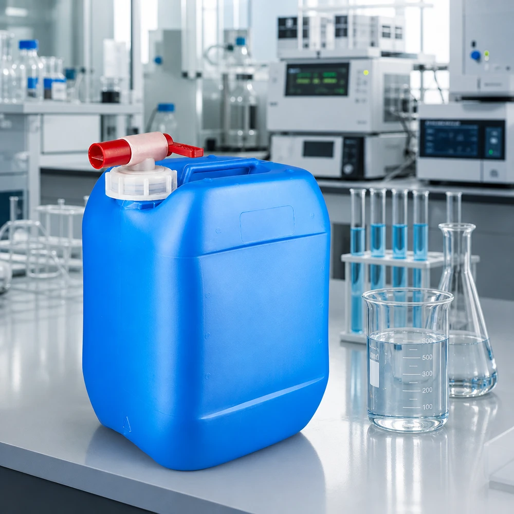 Blauer Industriekanister 10 Liter mit Auslaufhahn neben Reagenzgläsern im Wissenschaftslabor