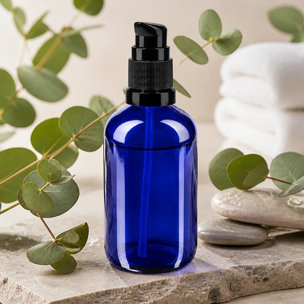 Blaue Borosilikat-Pumpflasche 100ml mit mattschwarzem Dispenser für Seren und Naturkosmetik