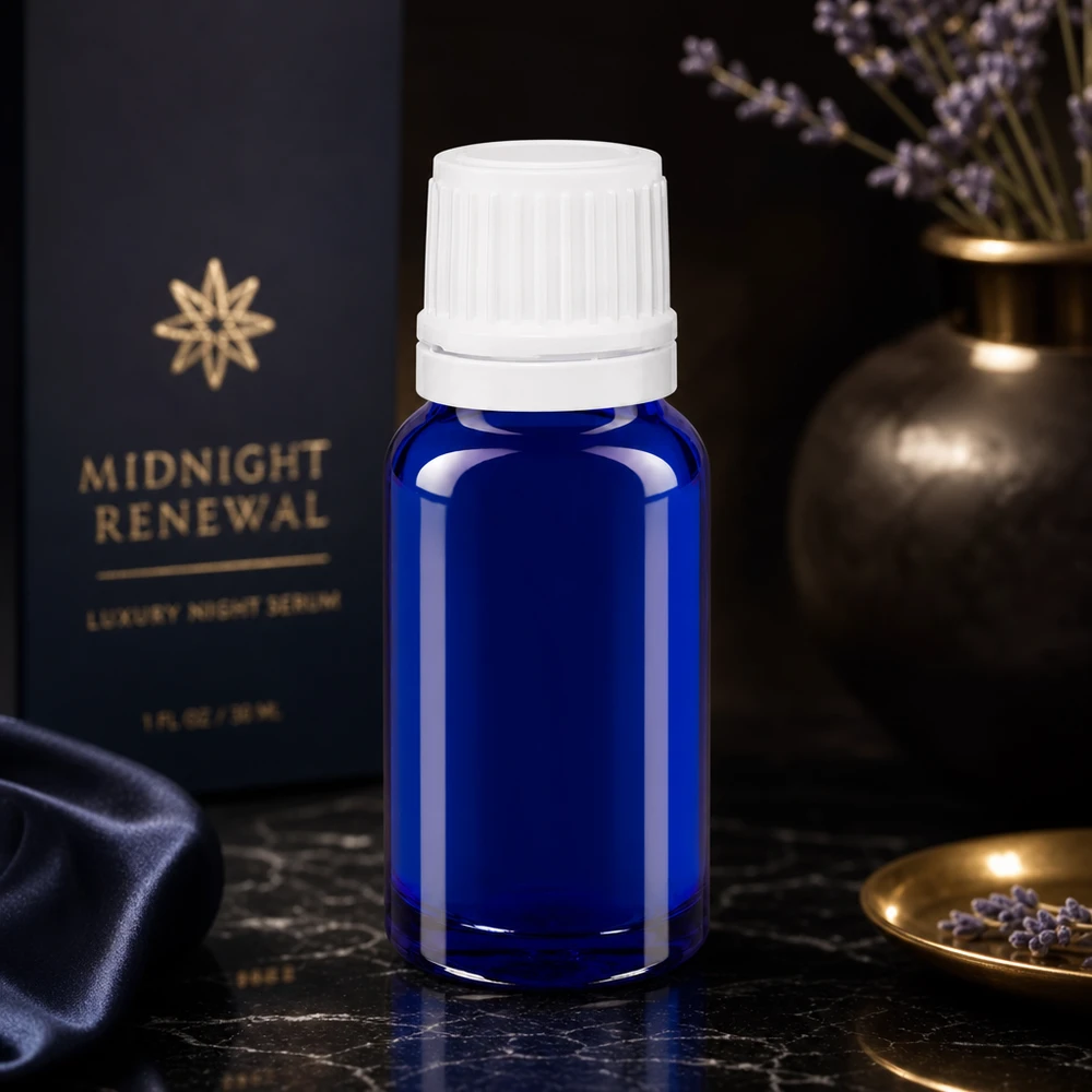 Lékárenská lahvička modrá 10ml kapací uzávěr 1,2mm bílý uzávěr s pojistkou proti manipulaci. Pharmazeutische blaue Lichtschutzflasche 10ml mit Originalitätsverschluss für Nachtserum