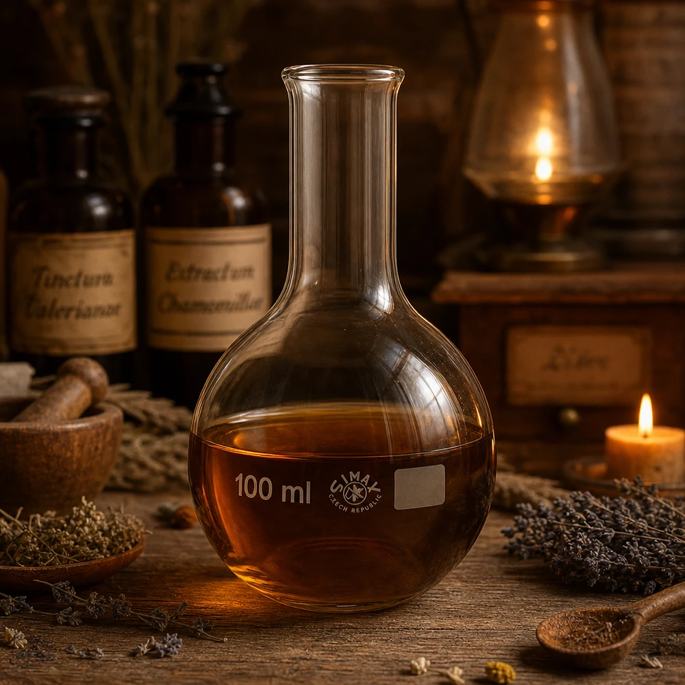 Stojatá baňka 100 ml s úzkým hrdlem Robuster Glaskolben 100ml mit stabilem Standboden und schlankem Hals für sichere Lagerung