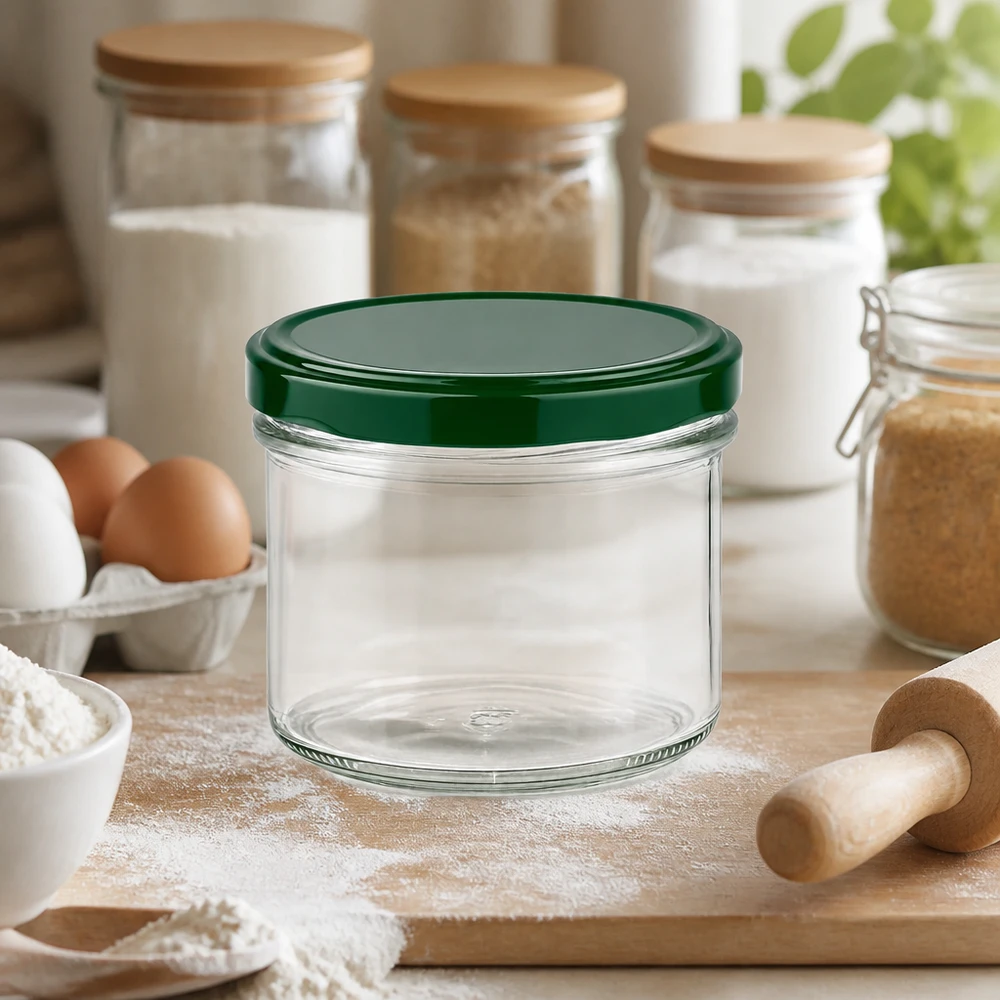 225ml Sturzglas mit grünem Deckel in Küche zwischen Backzutaten Mehl Eiern und Holzutensilien für Vorratshaltung