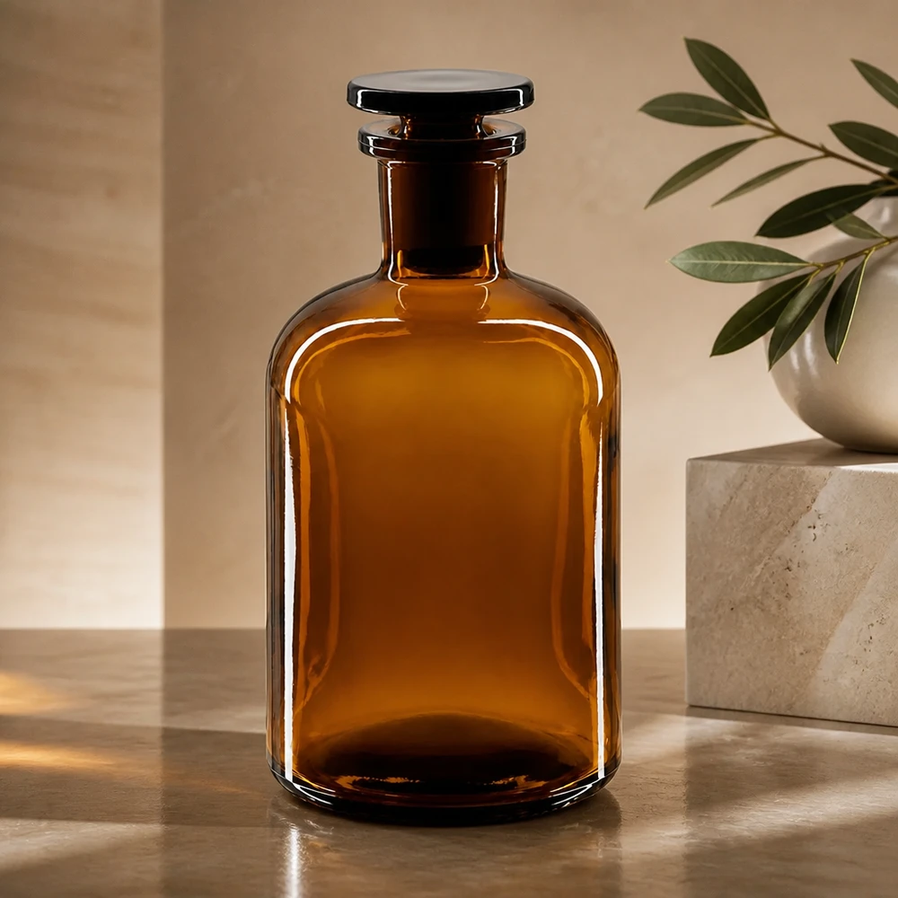 Láhev s kulatým ramenem 250ml hnědá úzké hrdlo skleněná zátka Dichte Braunglasflasche 250ml mit Enghals und Glasstopfen zur sicheren Flüssigkeitslagerung