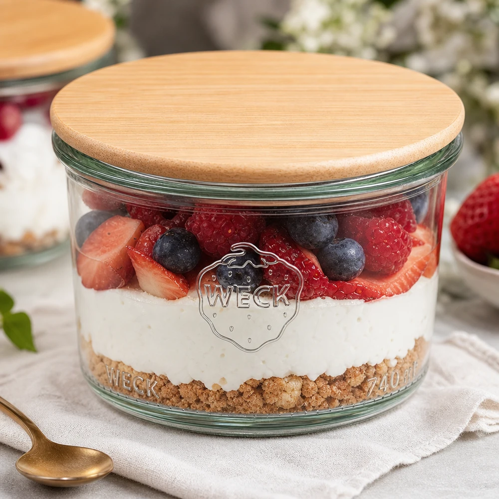 200ml tumblery WECK RR80 s dřevěným víčkem buk. WECK Sturzglas 200ml RR80 Holzdeckel gefüllt mit Schichtdessert Beeren Joghurt Keksboden Dessertstyling