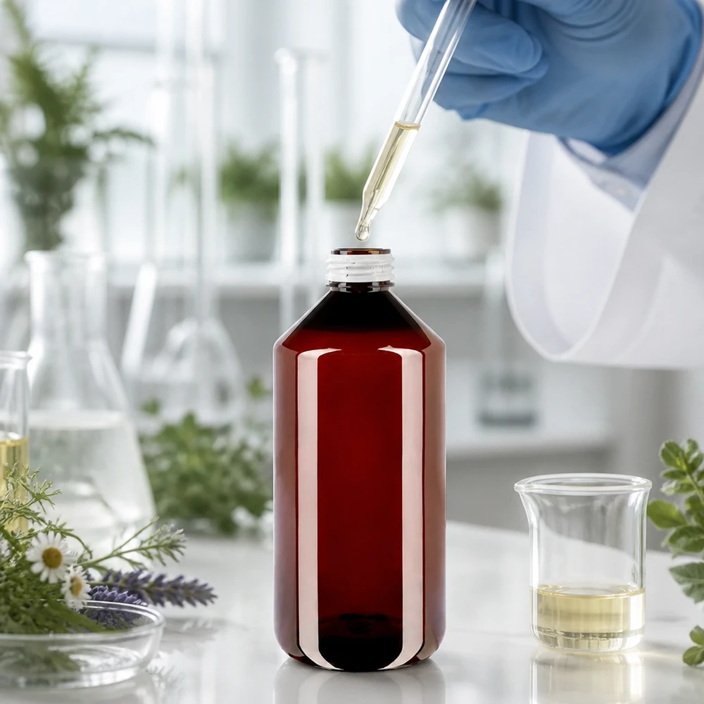 PET láhev 1000ml s bílým rýhovaným uzávěrem s ochranou proti manipulaci. Jantarově zbarvená PET láhev o objemu 1000 ml s bílým bezpečnostním uzávěrem v laboratoři