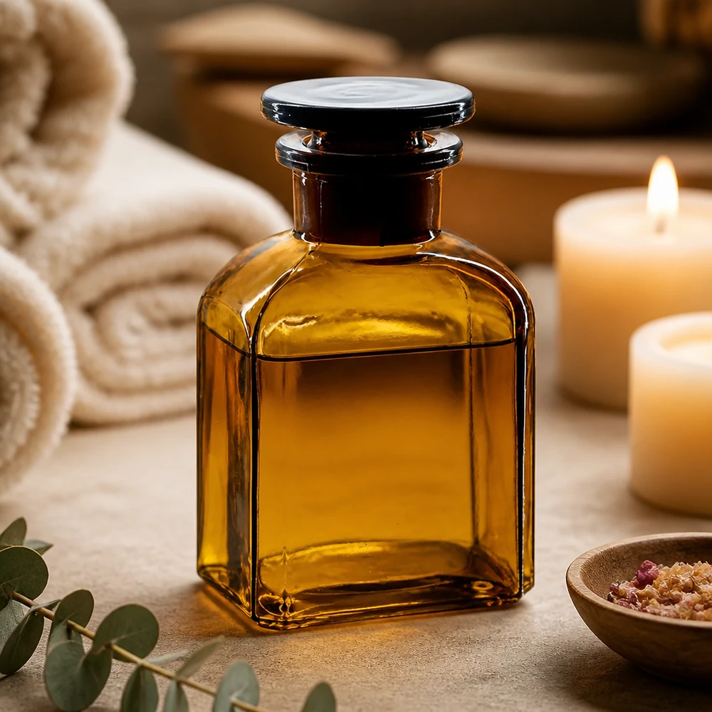 Čtvercová láhev 150ml hnědá skleněná zátka se širokým hrdlem Dekorative Vierkantflasche aus Braunglas 150ml mit Glasstopfen für Wellness-Produkte und Naturkosmetik