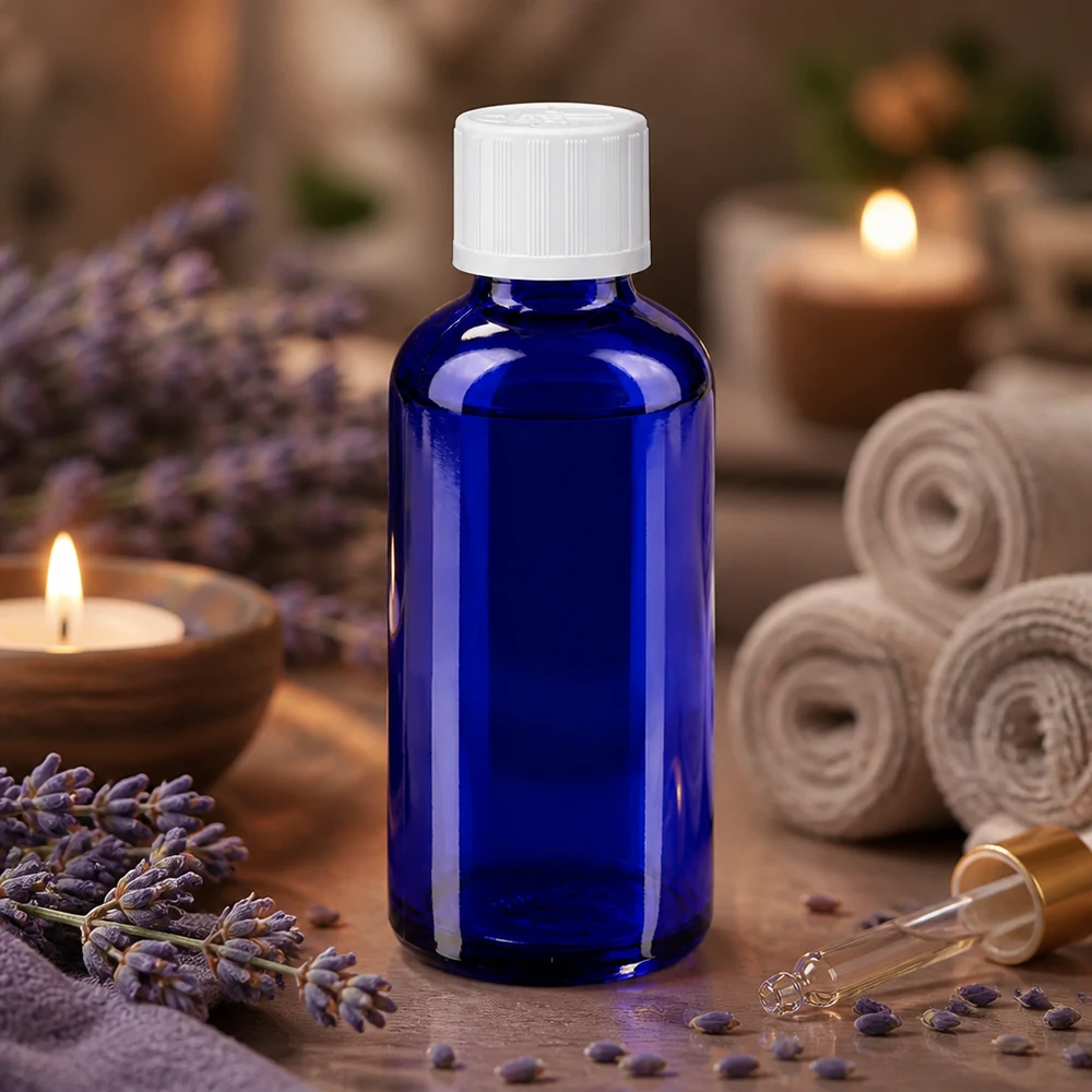 Apothekerglasflasche kobaltblau 50ml Kindersicherheitsverschluss weiß für Naturkosmetik