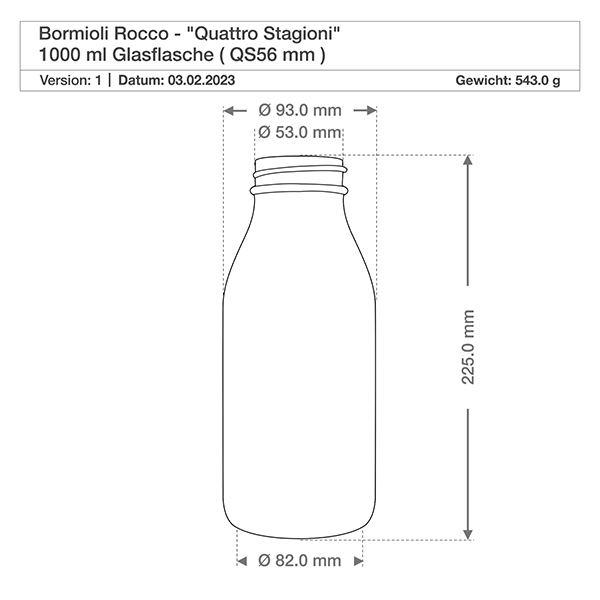 1000ml skleněná láhev "Quattro Stagioni" s víčkem Technische Zeichnung Quattro Stagioni 1000ml Glasflasche mit Maßangaben, Durchmesser 82mm, Höhe 225mm, Gewicht 543g