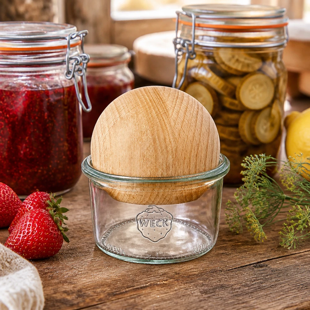 200ml kelímky WECK RR80 s dřevěnou kuličkou buk. Sturzglas WECK 200ml RR80 in natürlicher Küchenumgebung mit Einmachgläsern und frischen Lebensmitteln