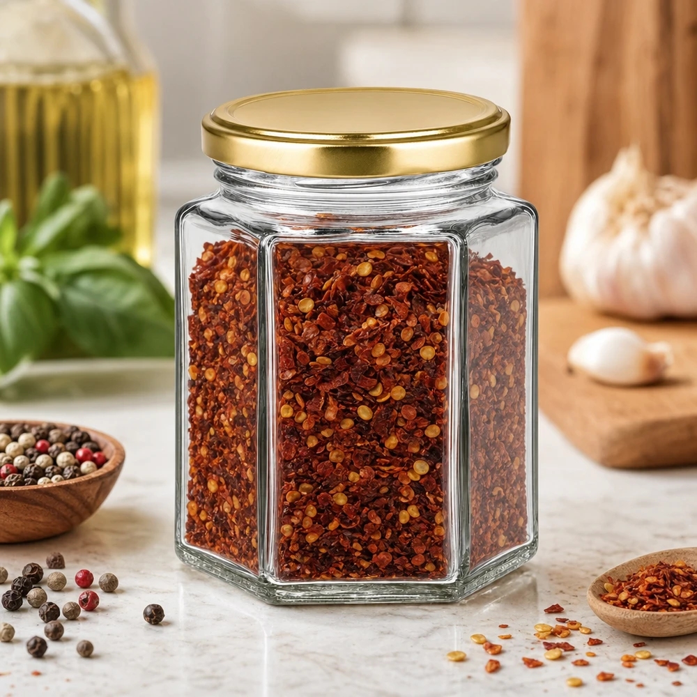 250g Honigglas BasicSeal hexagonal mit Chili-Gewürz gefüllt in Gewürzküche zwischen Pfefferkörnern und Kräutern