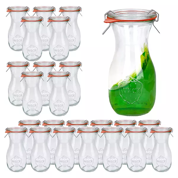 Sada 24 sklenic Weck 290ml na džus s 24 skleněnými víčky. Sada 24 sklenic Weck 290ml na džus s 24 skleněnými víčky.