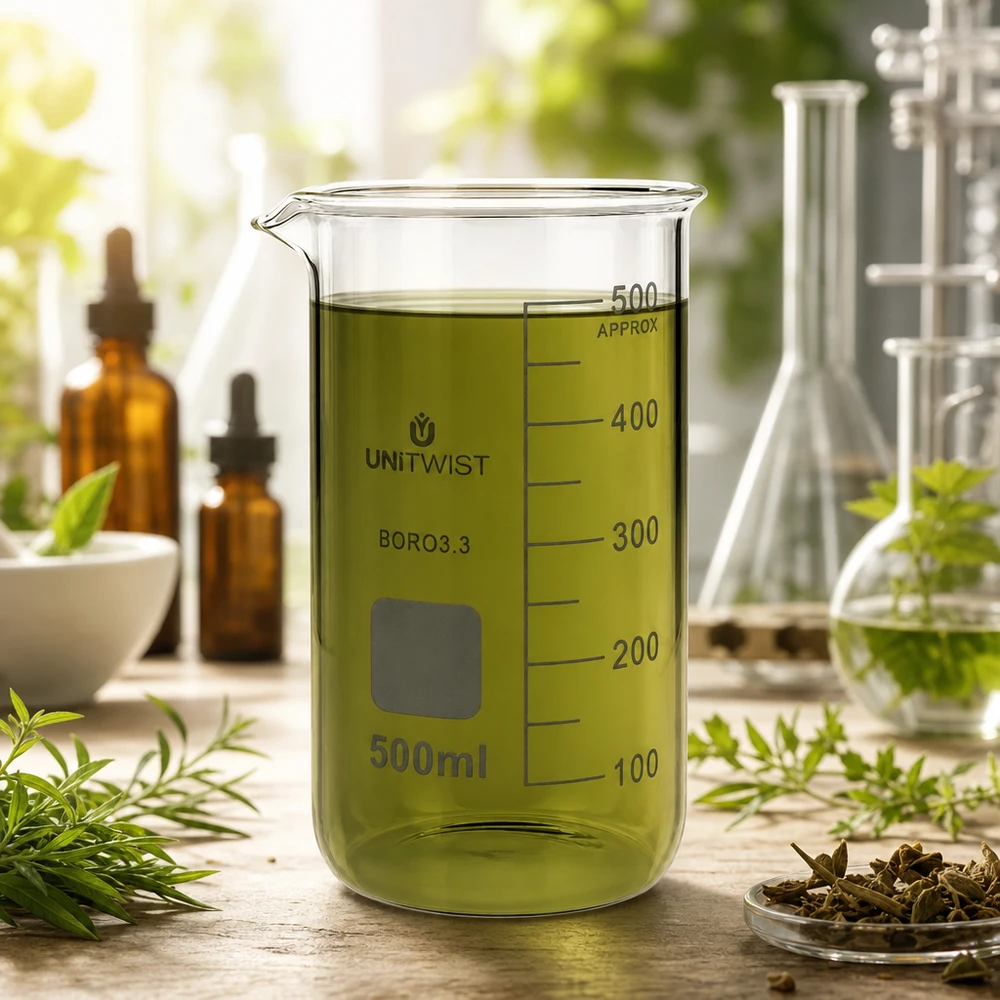 Kádinka 500 ml borosilikátová, vysoká forma UNiTWIST Becherglas 500ml hohe Form UNITWIST mit sichtbarer ml-Skala bis 500 für Naturheilkunde