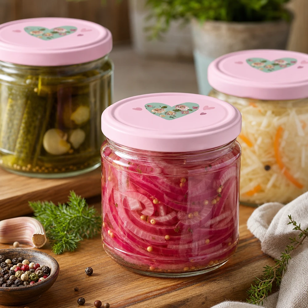 330ml kulatá sklenice + víčko BasicSeal srdíčková růžová UNiTWIST 330ml Rundgläser mit rosa Herz-Deckeln gefüllt mit eingelegtem Gemüse und Gurken auf Holztisch in Küche