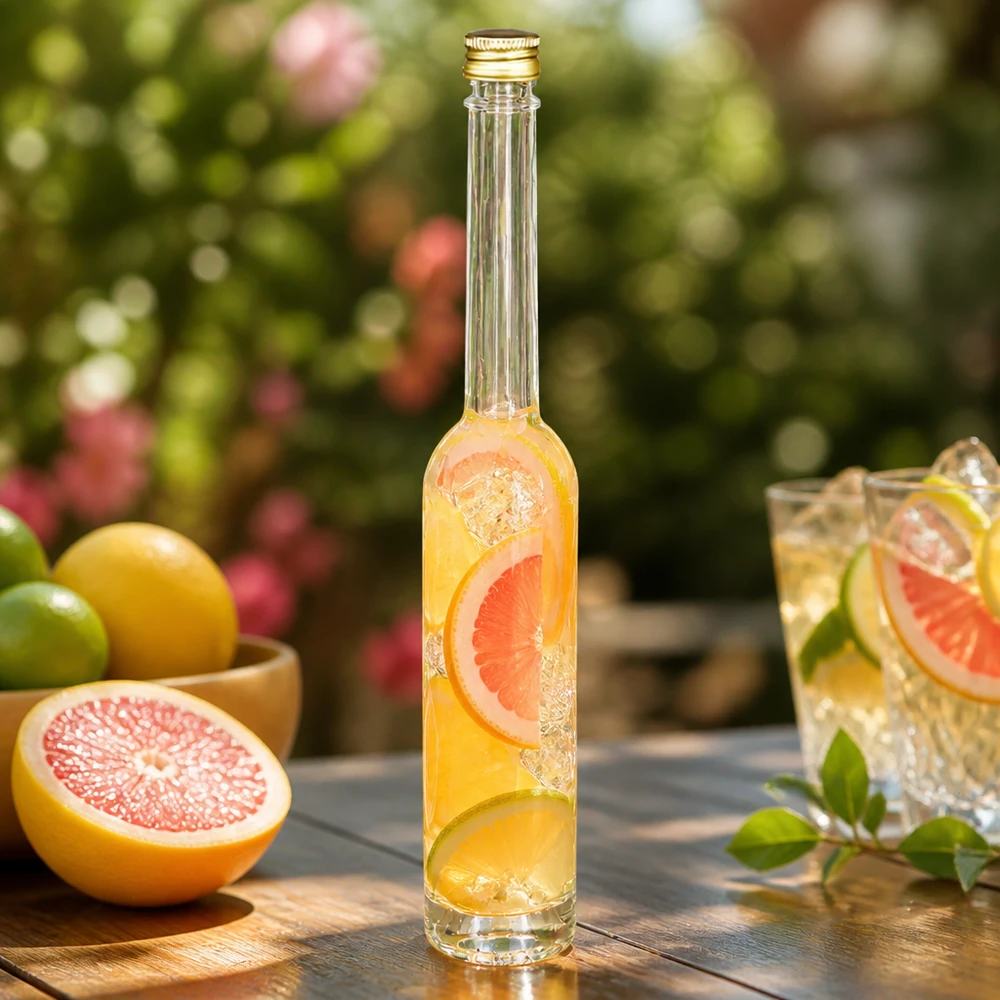 100ml Glasflasche Toni mit Grapefruit-Getränk - UNiTWIST Goldverschluss in sommerlicher Garten-Atmosphäre mit Zitrusfrüc