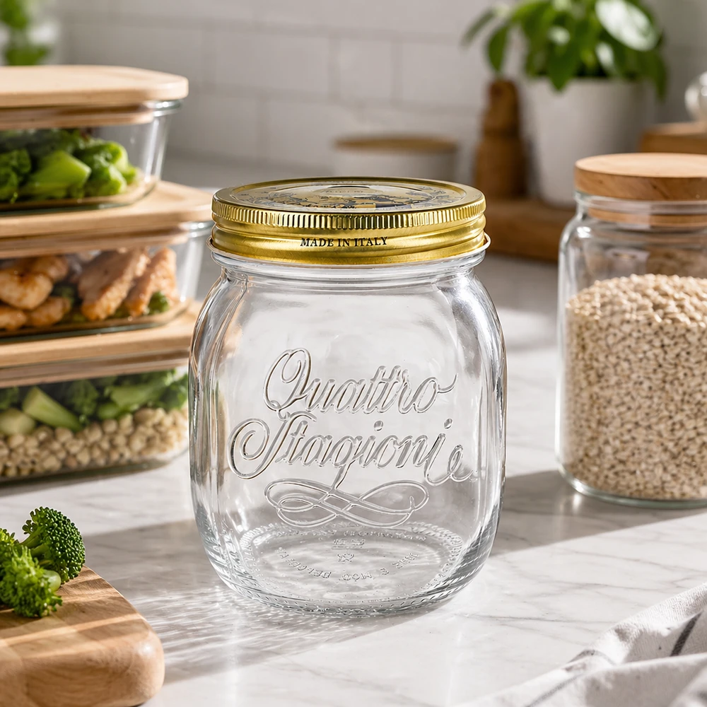 700ml kulatá sklenice "Quattro Stagioni" s víčkem Quattro Stagioni 700ml Rundglas leer in moderner Küche mit Meal-Prep Behältern und Vorratsgläsern Küchenorganisation