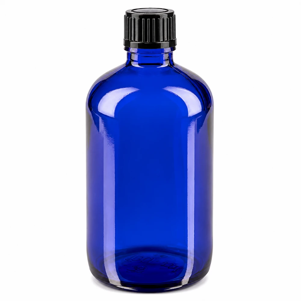 Lékárenská láhev modrá 100ml šroubovací uzávěr černá standardní Blaue Medizinflasche aus Glas 100ml mit schwarzem Verschluss 11mm Öffnung