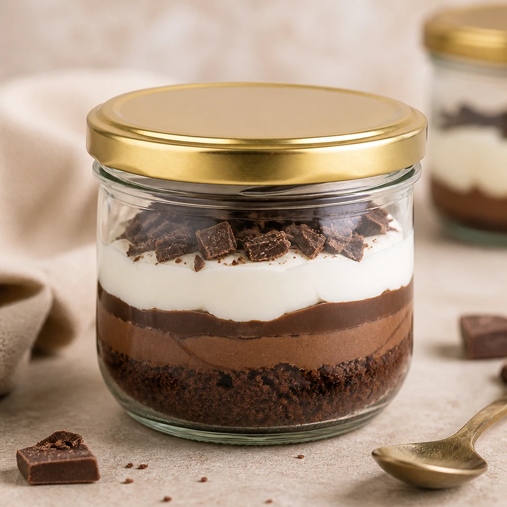 260ml tumblery s víčkem BasicSeal zlaté UNiTWIST 260ml Sturzglas BasicSeal gold UNiTWIST mit Schokoladen-Dessert befüllt zeigt Eignung für süße Nachspeisen
