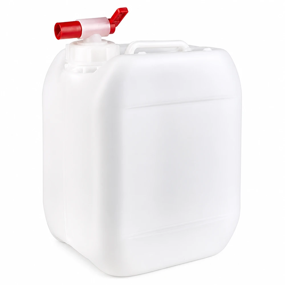 Robuster 5L HDPE Kanister mit Tragegriff und rotem Auslaufhahn in Weiß